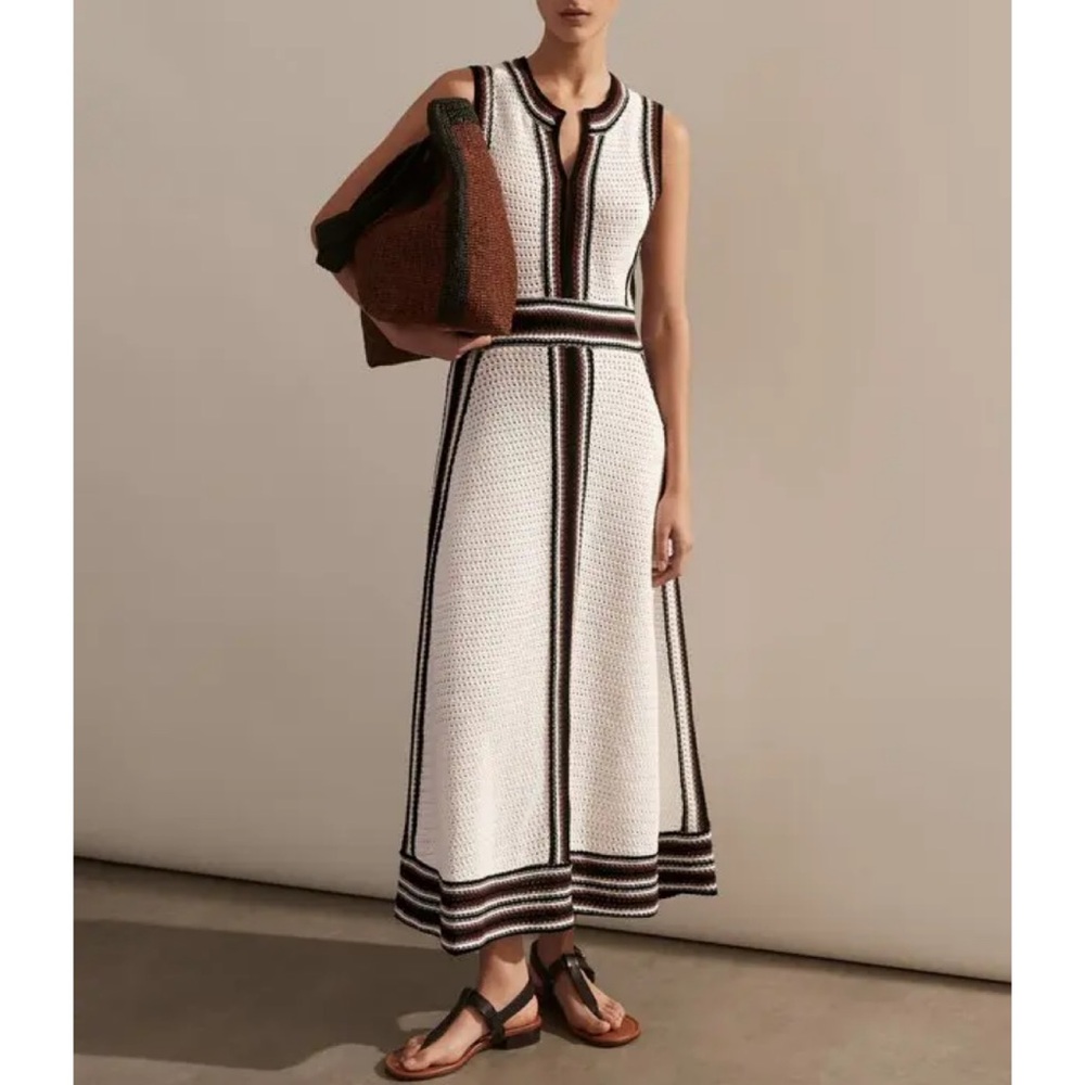 ME+EM Crochet Stripe Panelled Midi Dress | Ivory & Espresso